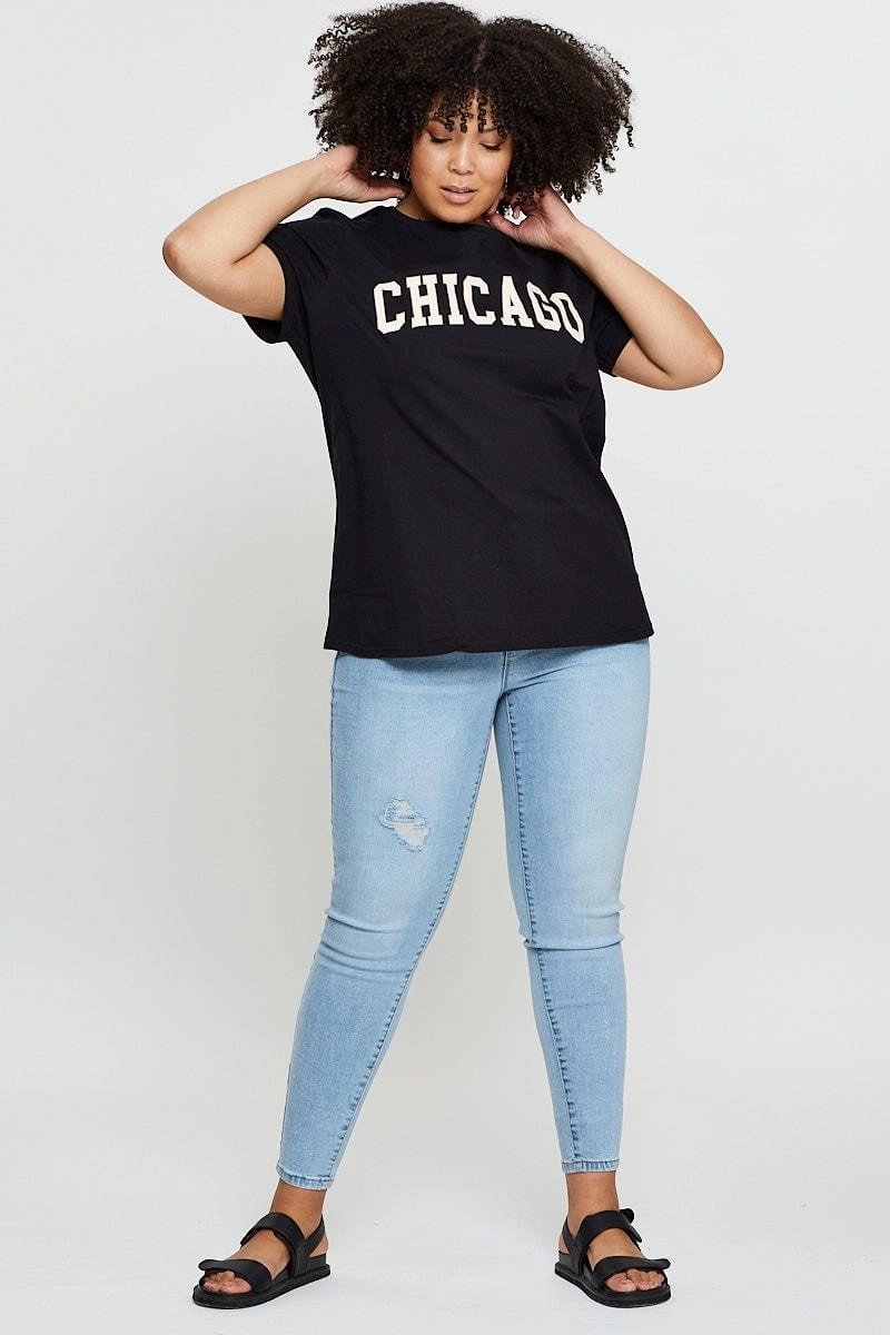 TemperatureControl Fabric Soft Comfort Wear Black Graphic T-shirt Chicago Crew Neck Short Sleeve