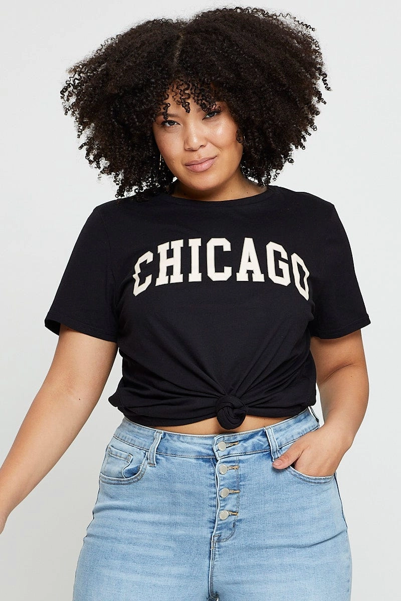 Black Graphic T-shirt Chicago Crew Neck Short Sleeve SoftTouchFinish Sporty Chic