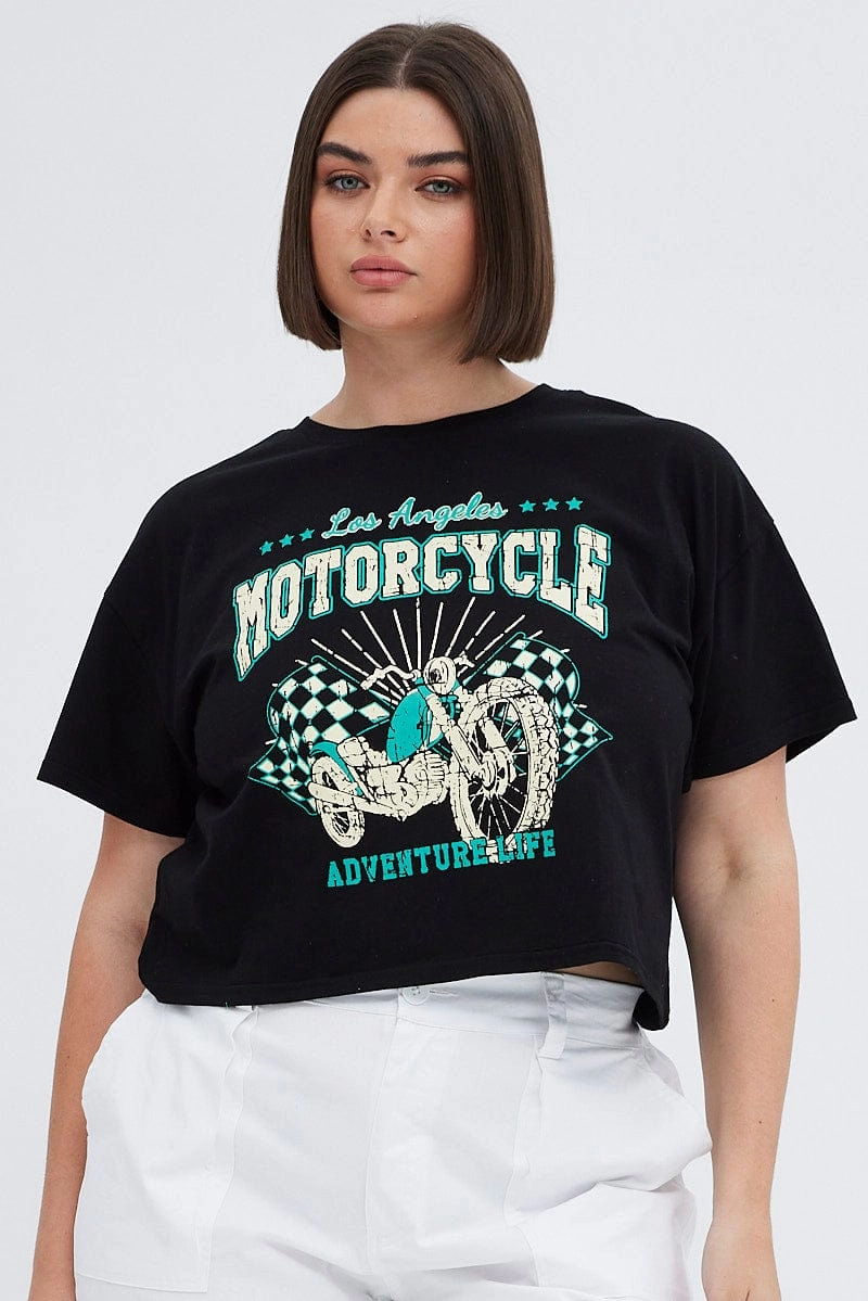 Black Graphic T-shirt La Motorcycle Cotton Crop Jersey OdorResistant Fabric