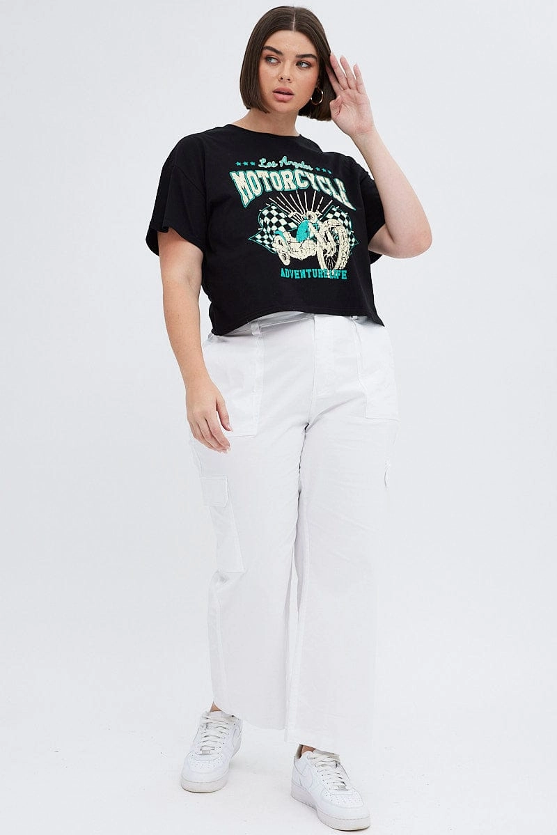 Trendy Comfort Black Graphic T-shirt La Motorcycle Cotton Crop Jersey