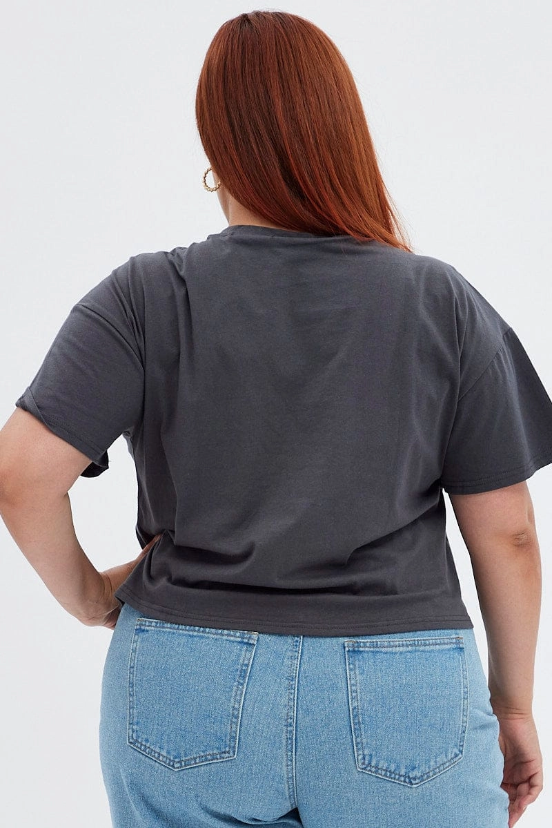 Black Graphic T-shirt La Washed Crop Cotton Preppy