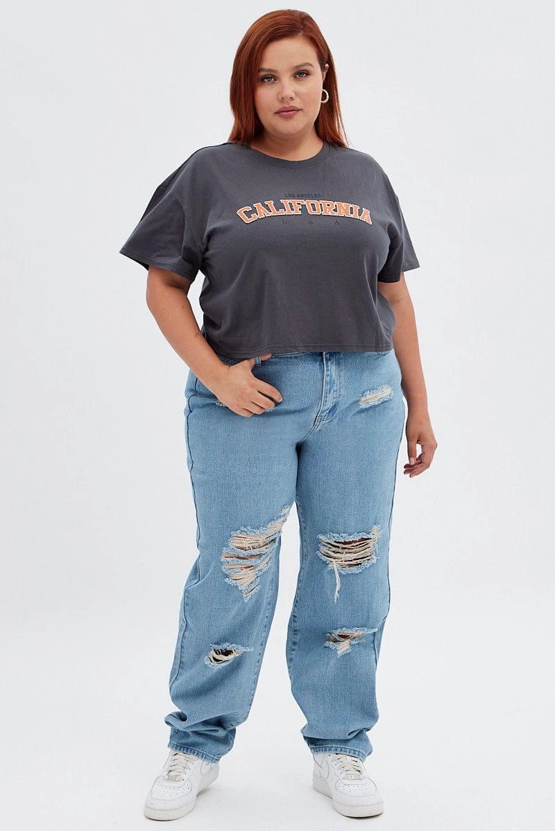 Sporty Layer Comfy Look Wear Black Graphic T-shirt La Washed Crop Cotton