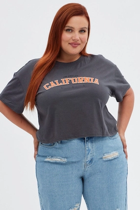 Eco Certified Fiber Black Graphic T-shirt La Washed Crop Cotton