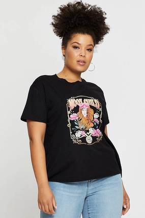 Effortless Comfort Urban Comfort Black Graphic T-shirt Moon Child Short Sleeve Cotton