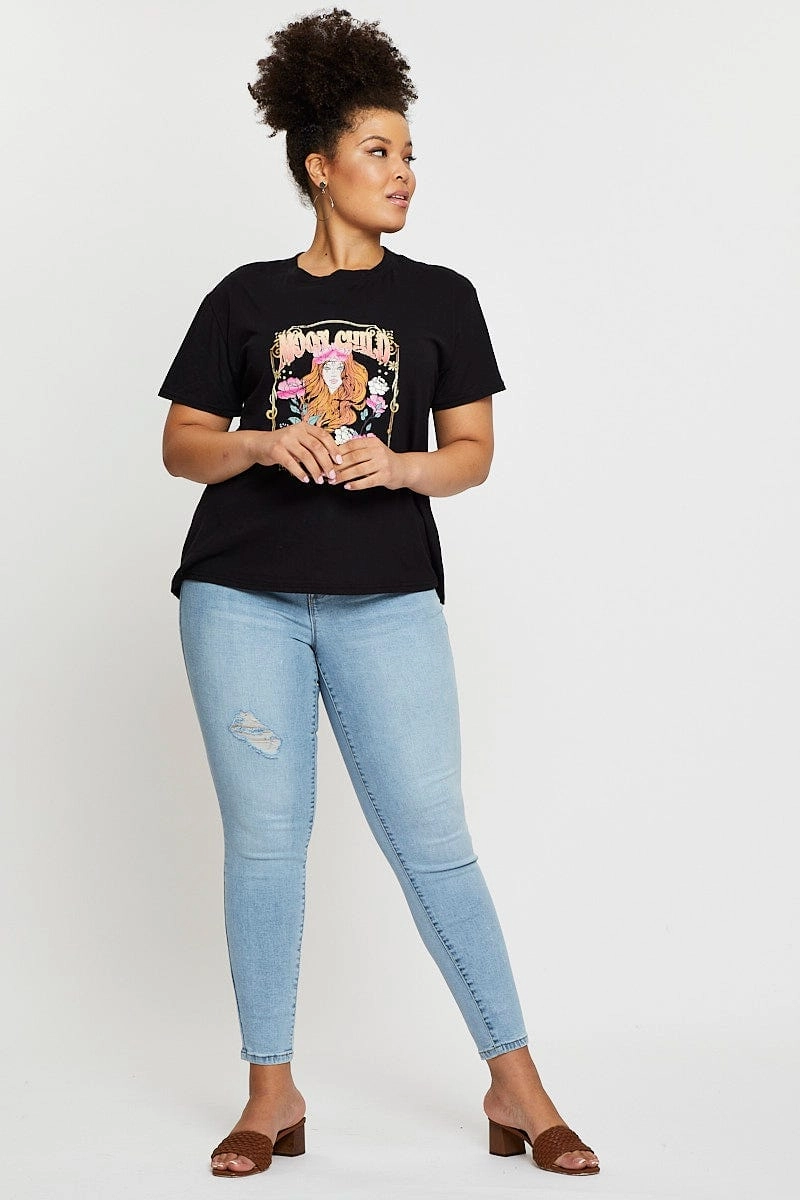 Black Graphic T-shirt Moon Child Short Sleeve Cotton Active Style Cozy and Comfortable