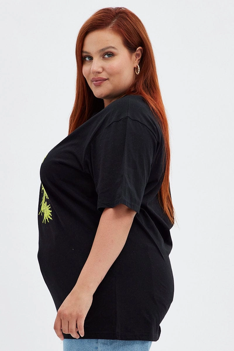 Black Graphic T-shirt Oversized Dragon Embroidered Versatile Style