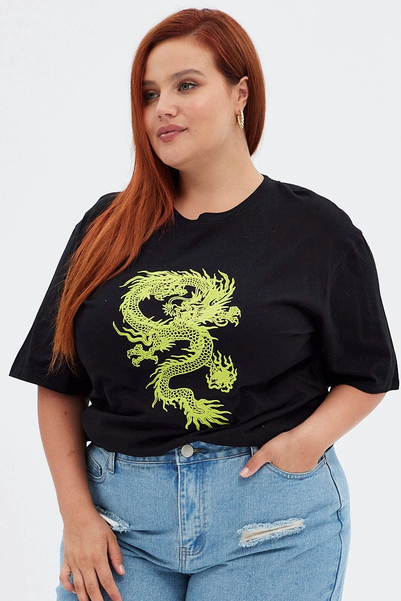 Black Graphic T-shirt Oversized Dragon Embroidered Wrinkle Resistant Finish NeutralTonesCollection