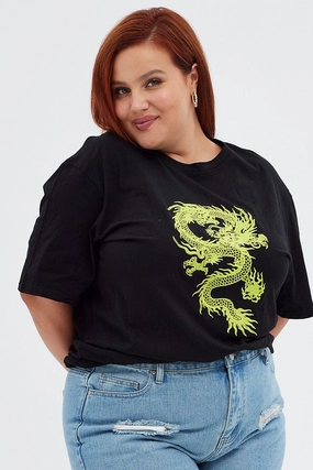 High Density Cotton Relaxed Fit Design Black Graphic T-shirt Oversized Dragon Embroidered