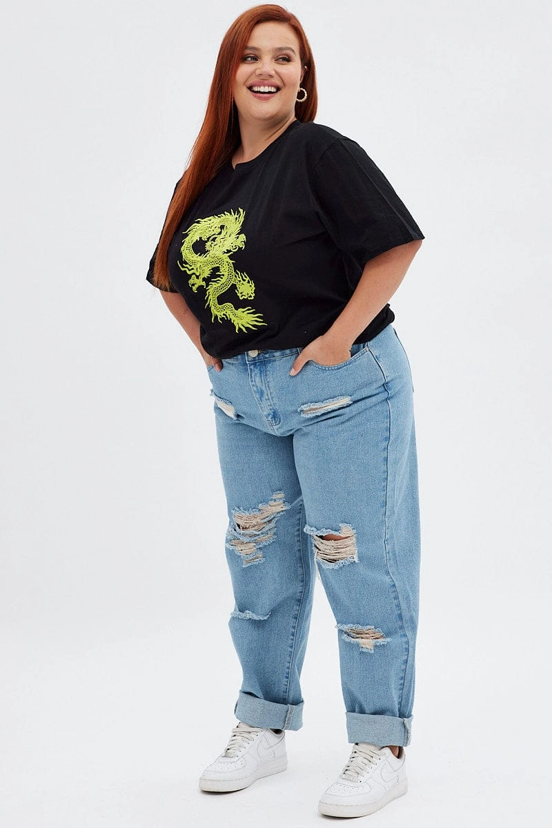 Black Graphic T-shirt Oversized Dragon Embroidered Relax Comfort Style