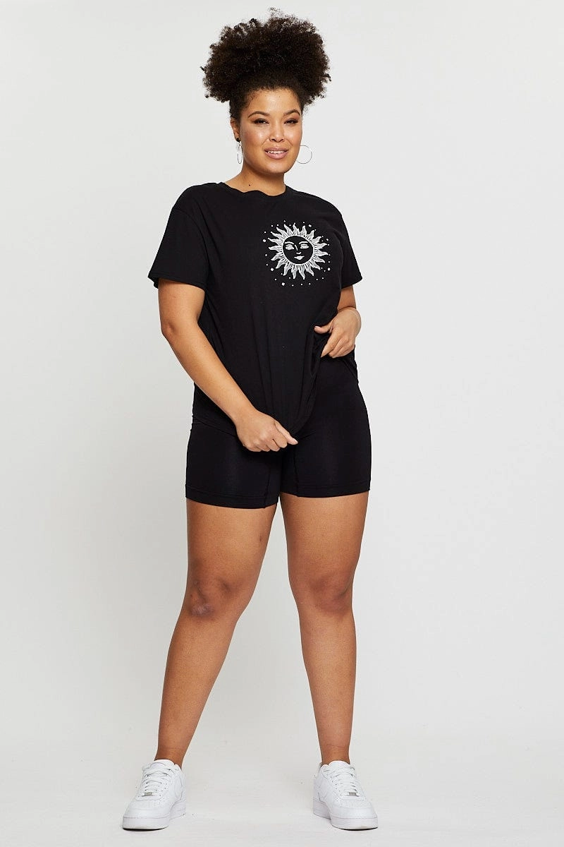 Black Graphic T-shirt Radiant Sun Short Sleeve Cotton Sun Protection Comfy Design Wear