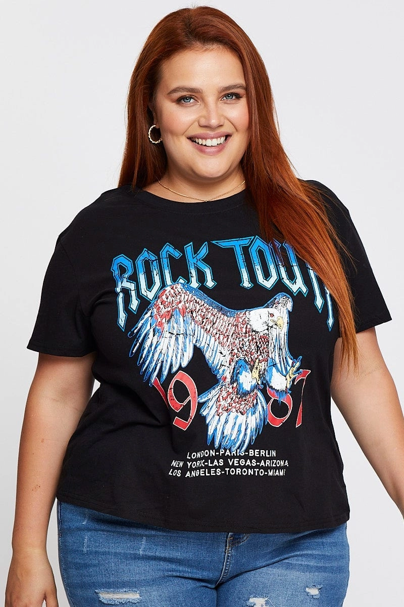 Black Graphic T-shirt Rock Tour Crew Neck Short Sleeve Breathable touch Durable Colorfast Finish
