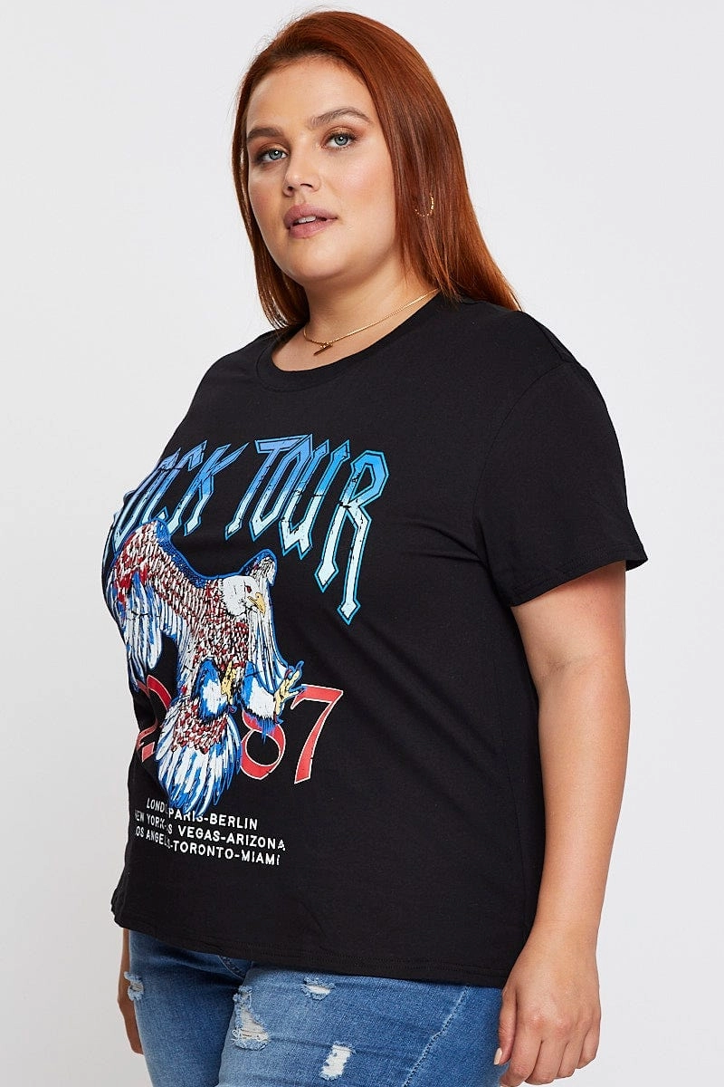 Black Graphic T-shirt Rock Tour Crew Neck Short Sleeve Breathable Wearable