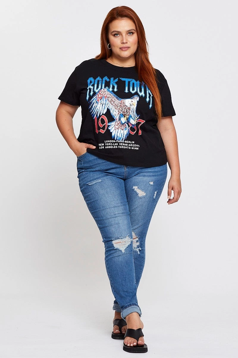 Black Graphic T-shirt Rock Tour Crew Neck Short Sleeve Universal Silhouette