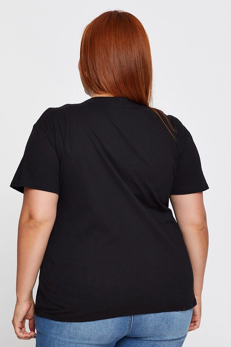 Layerable Look Black Graphic T-shirt Rock Tour Crew Neck Short Sleeve