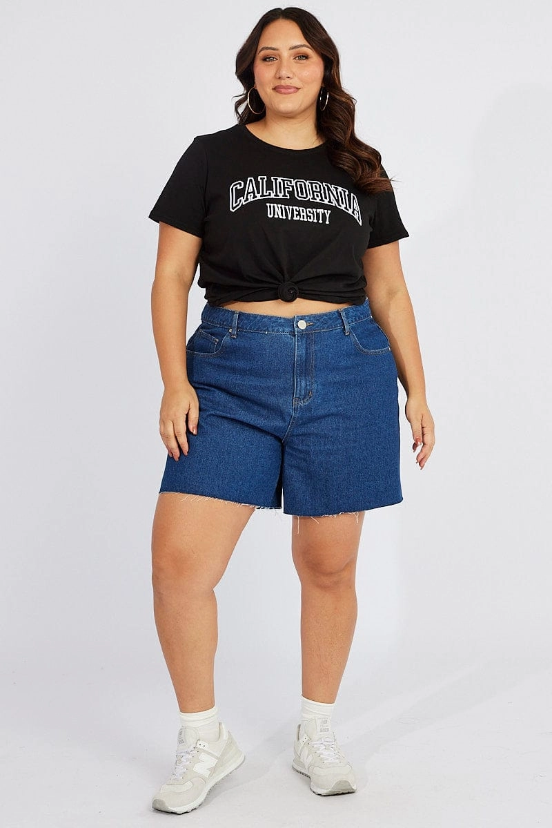 Black Graphic T-shirt Short Sleeve Crew Neck Reinforced Hemline Summer Fashion