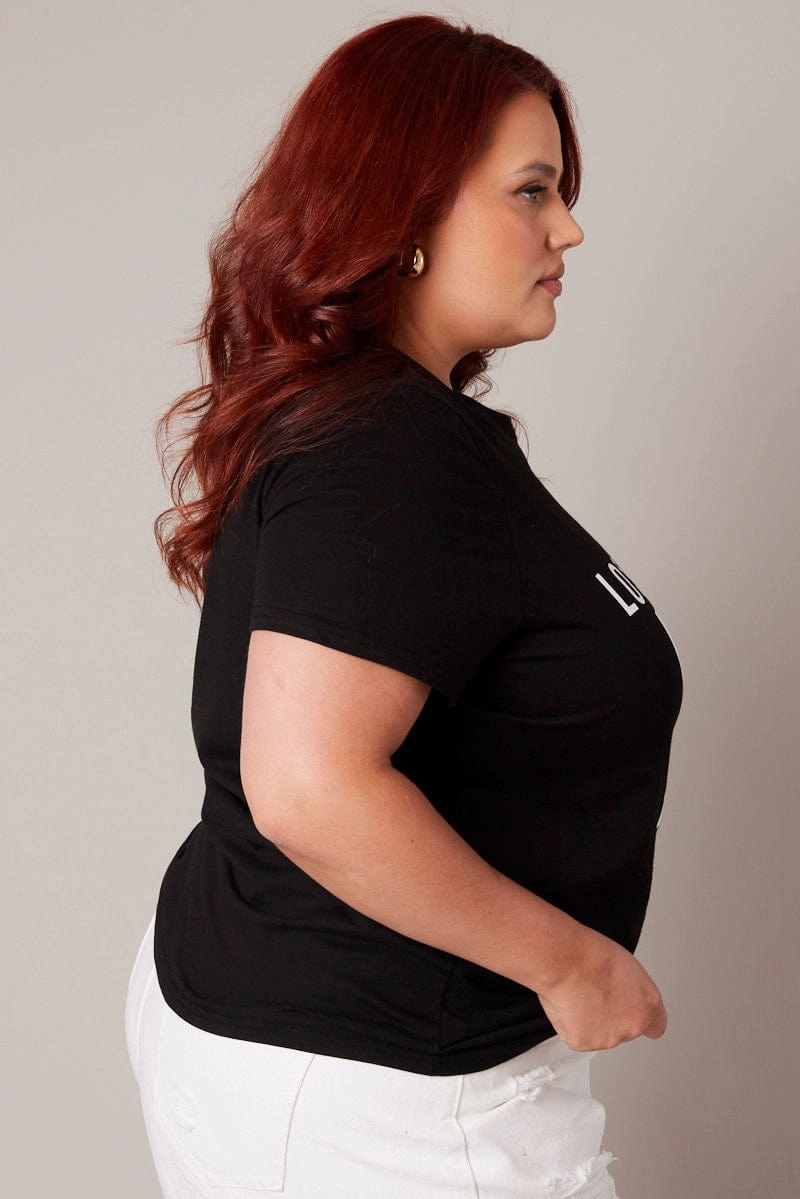 Black Graphic T-shirt Short Sleeve Crew Neck Casual Touch