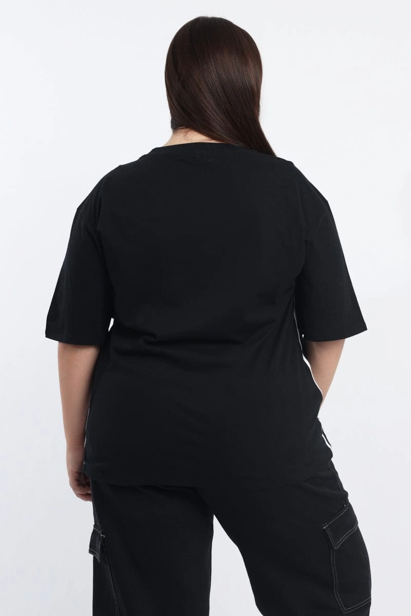 Black Graphic T Shirt Short Sleeve Crew Neck Versatile Layer Basic Wardrobe Piece
