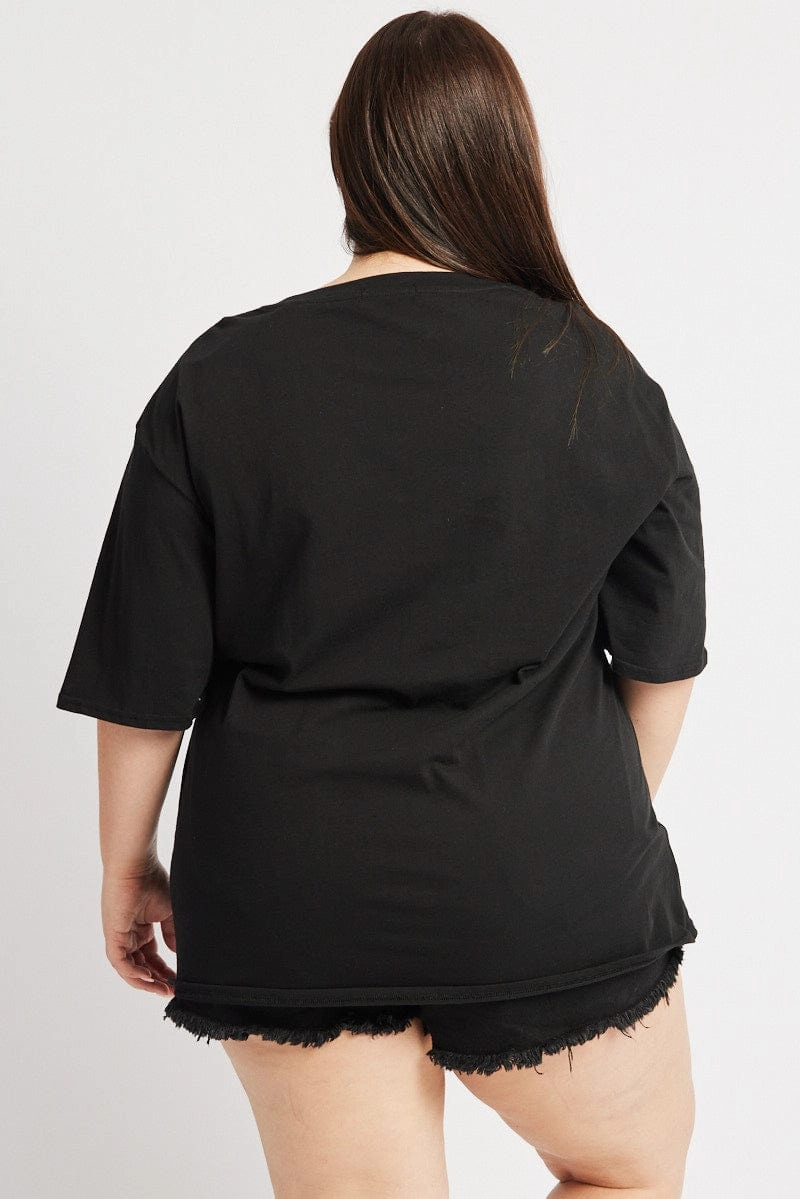 Essential Top Classic Color Black Graphic T Shirt Short Sleeve Crew Neck