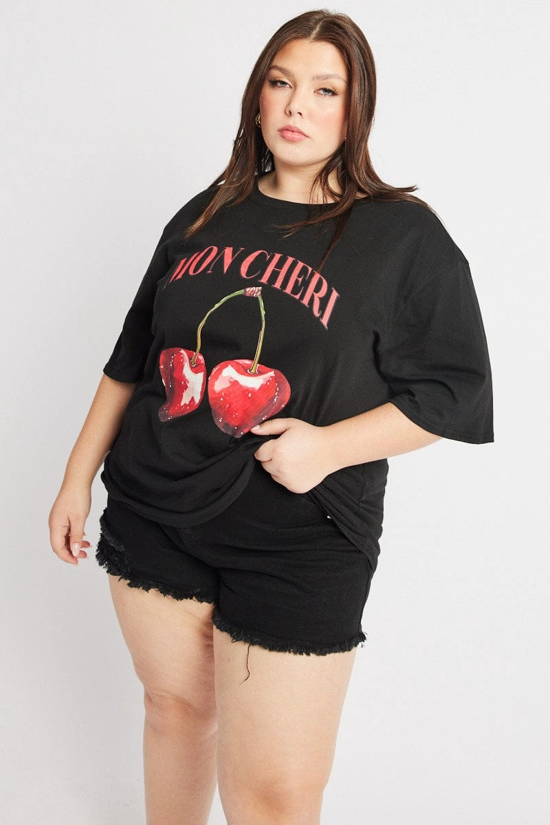 Black Graphic T Shirt Short Sleeve Crew Neck Longline Hemline EcoConscious Processing