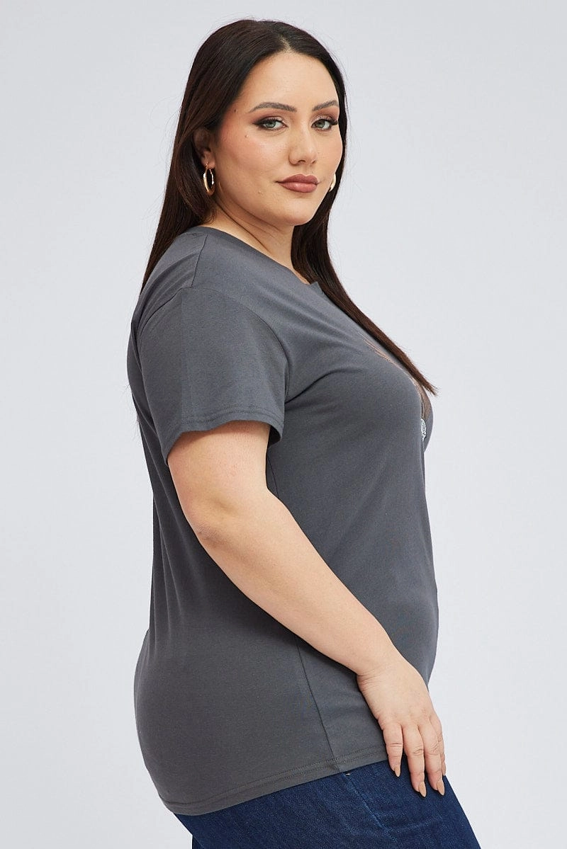 Street Trend Look Cotton Blend Black Graphic T-shirt Short Sleeve Crew Neck