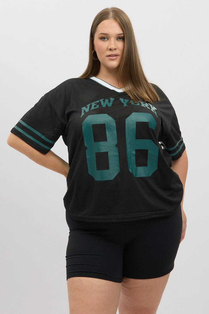 Black Graphic T Shirt Short Sleeve V Neck Easy Wear Style