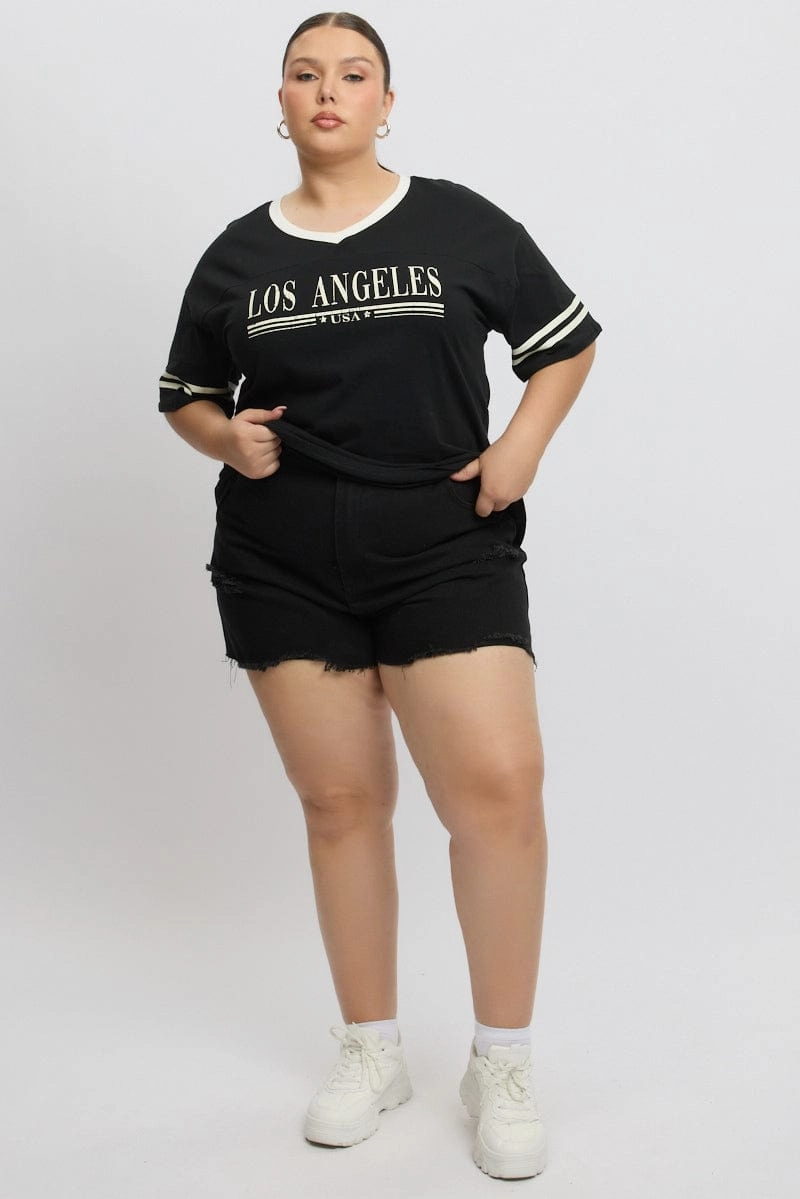 sporty wear Black Graphic T Shirt Short Sleeve V Neck