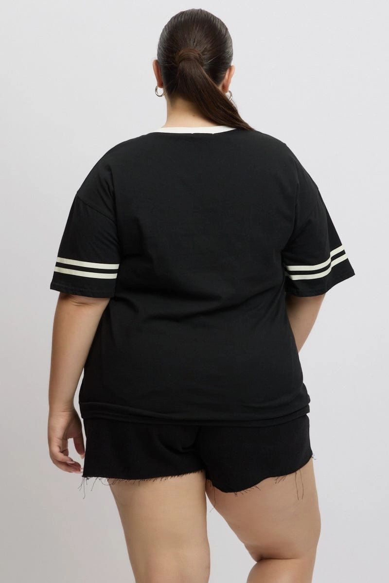 Black Graphic T Shirt Short Sleeve V Neck Recycled Polyester Blend Casual Active