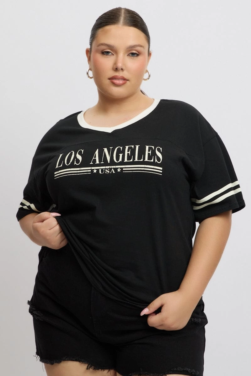 Black Graphic T Shirt Short Sleeve V Neck Weekend Fashion Chilly Day Wear