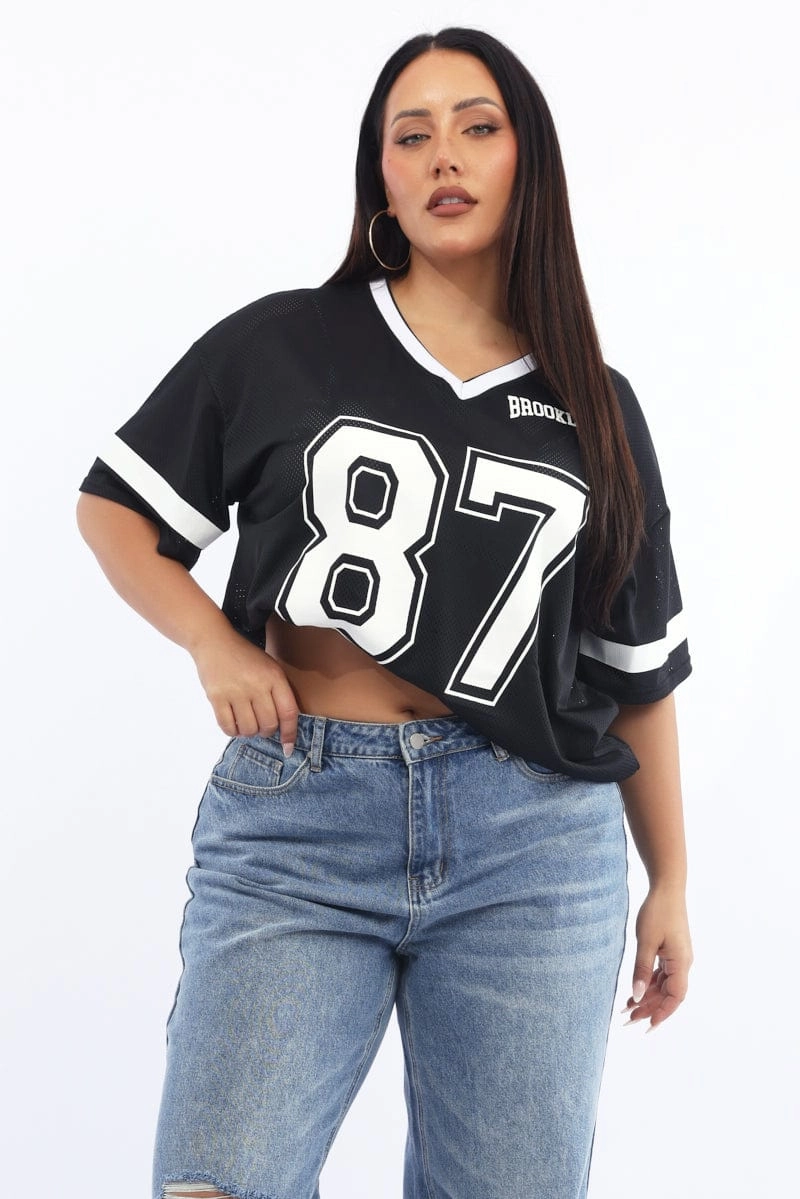 Black Graphic T-shirt Short Sleeve V-neck Trendy Slim Style