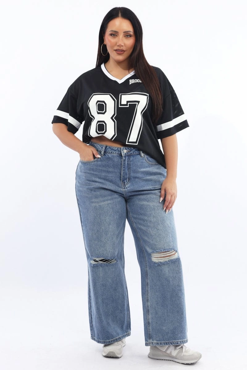 City Fashion Look Black Graphic T-shirt Short Sleeve V-neck