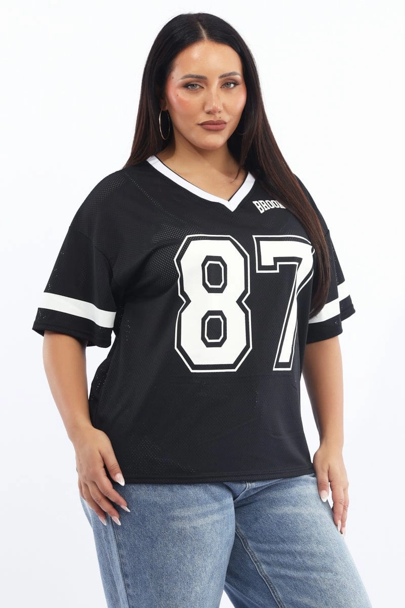 Black Graphic T-shirt Short Sleeve V-neck Feminine Touch