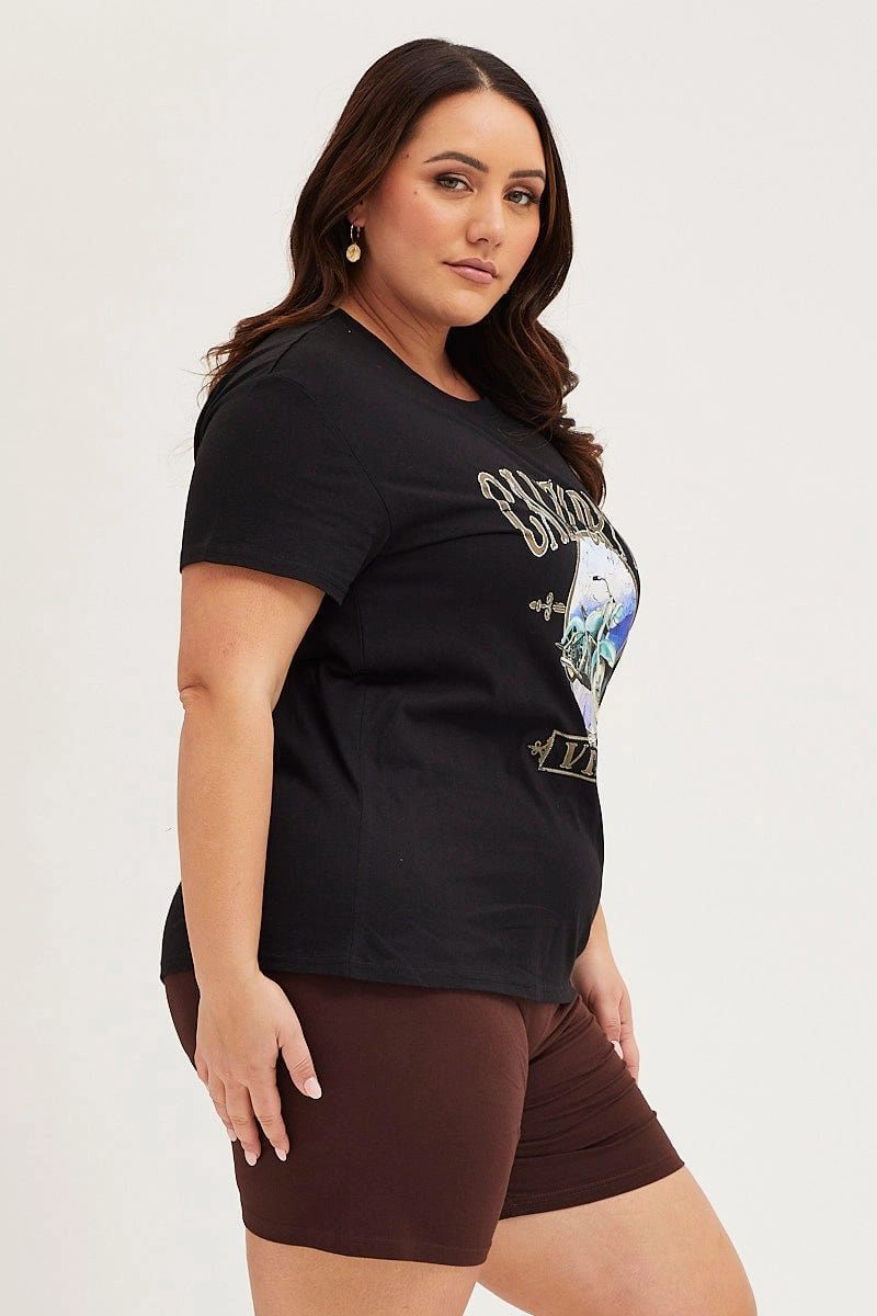 Soft and breathable Soft and Stylish Black Graphic T-shirt Sun Crew Neck Short Sleeve Cotton