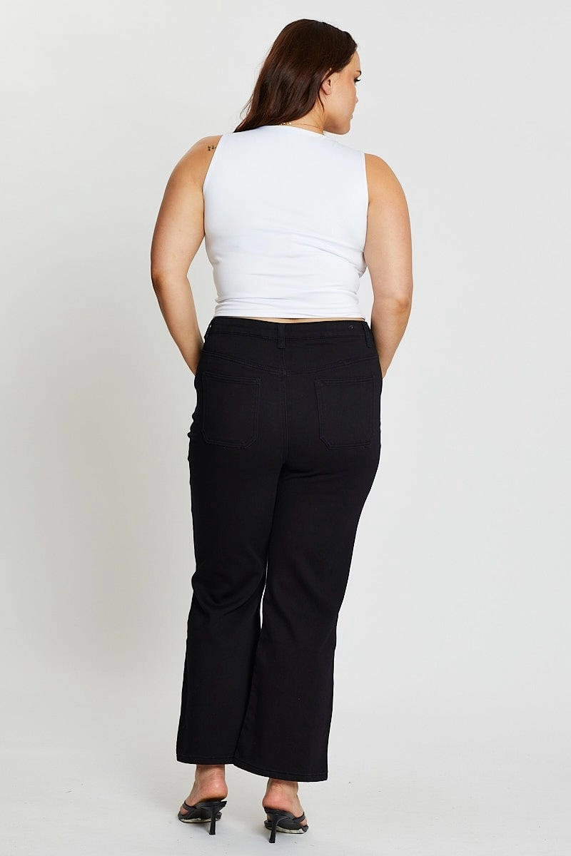 Quality Staple Black High Rise 4 Buttons Wide Leg Denim Jeans