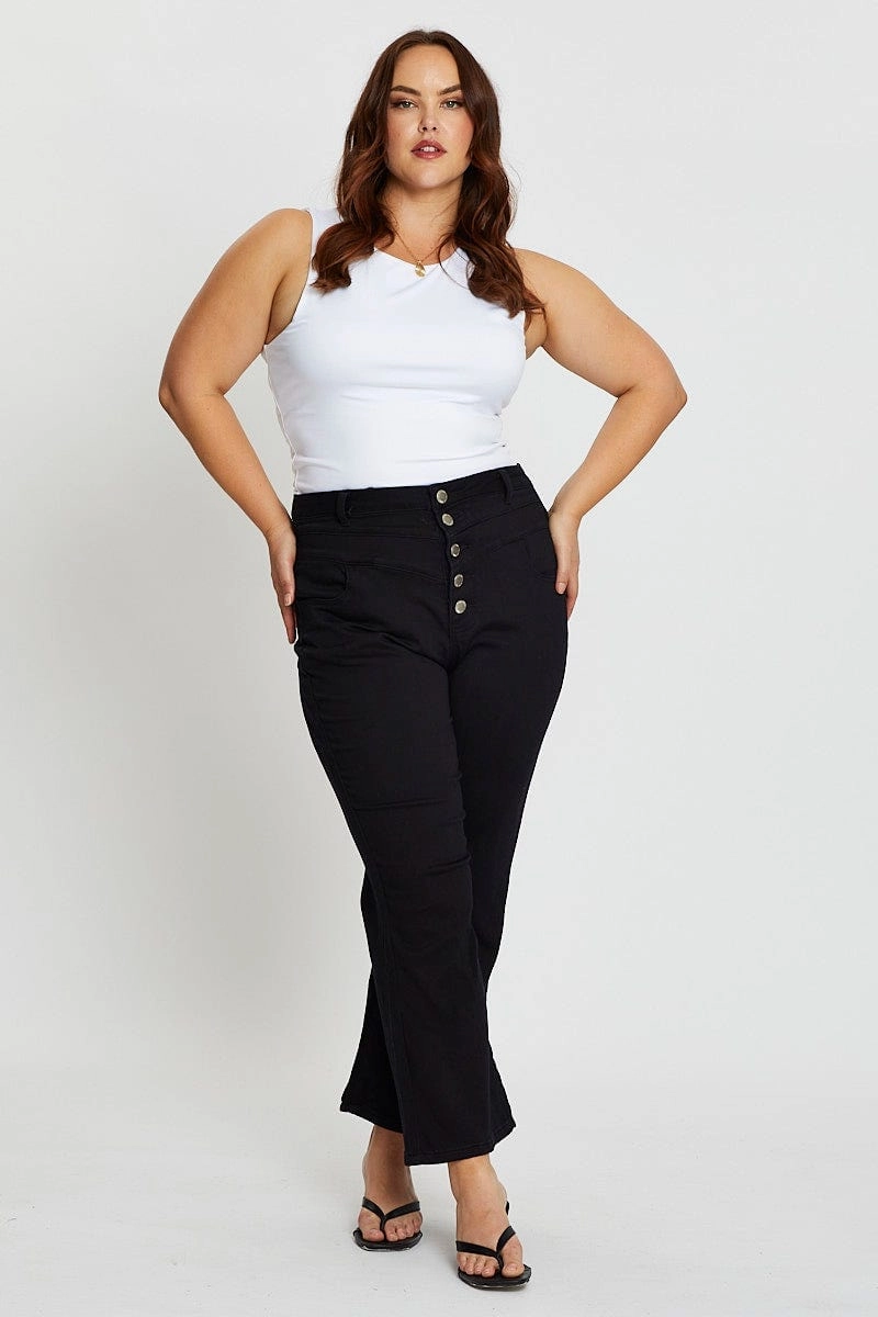Weekend Style Outdoor Adventure Weekend Wear Black High Rise 4 Buttons Wide Leg Denim Jeans