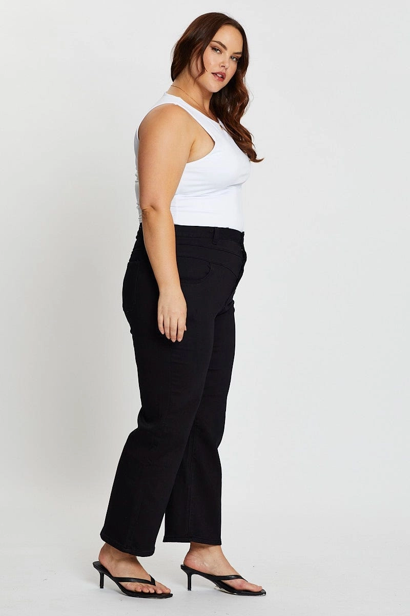 Black High Rise 4 Buttons Wide Leg Denim Jeans Fit Essential