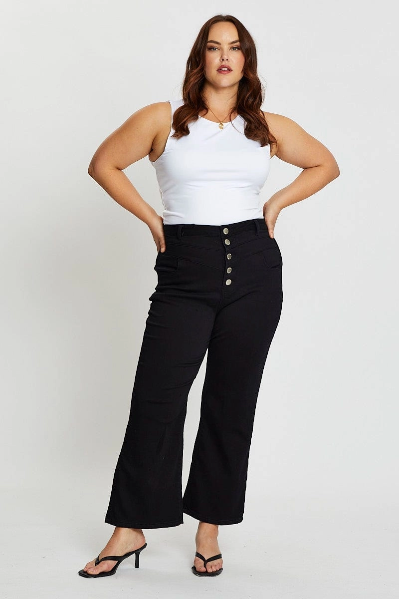 Sustainable Road Trip Black High Rise 4 Buttons Wide Leg Denim Jeans