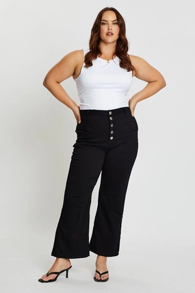 Sustainable Road Trip Black High Rise 4 Buttons Wide Leg Denim Jeans