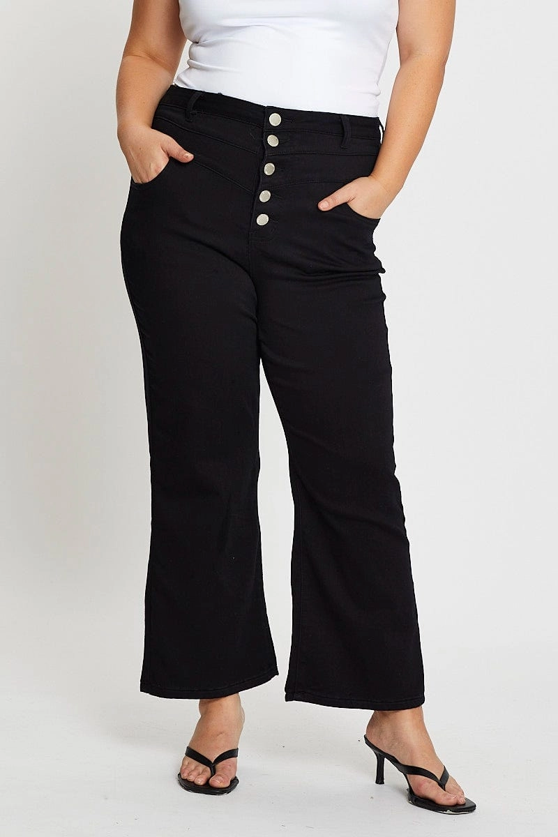 Black High Rise 4 Buttons Wide Leg Denim Jeans Modern Spring Mood Stain Release Finish