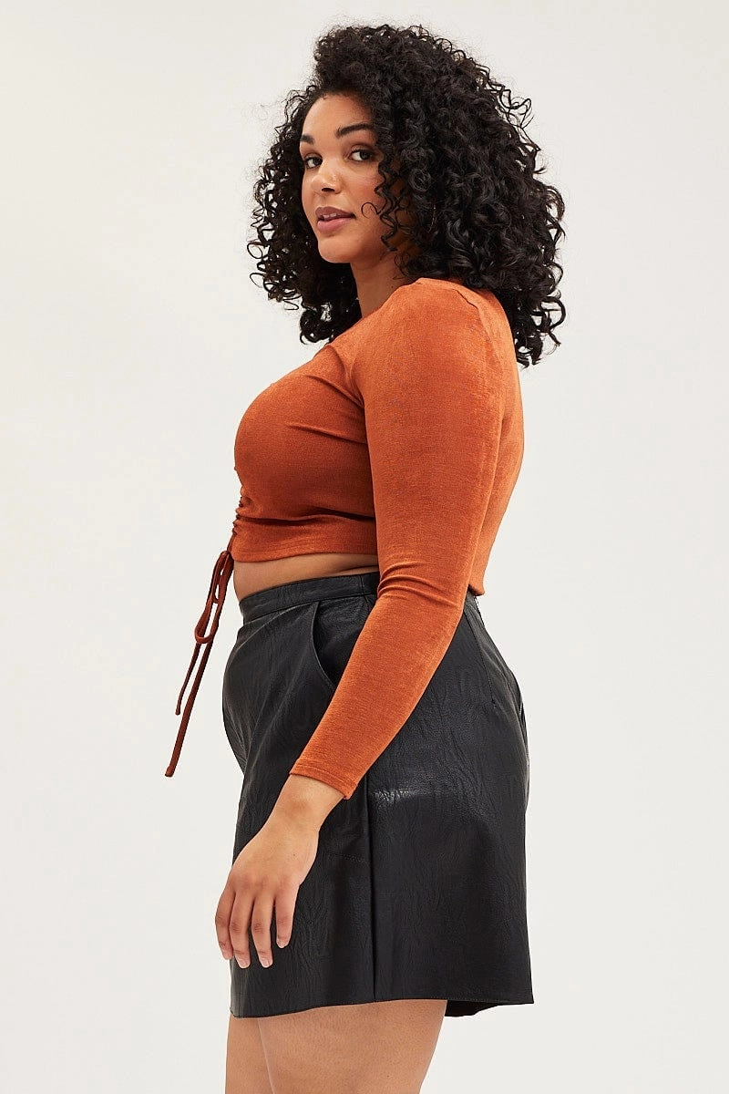 Inverted Pleats Relaxed Style Black High Waist Faux Leather Mini Skirt