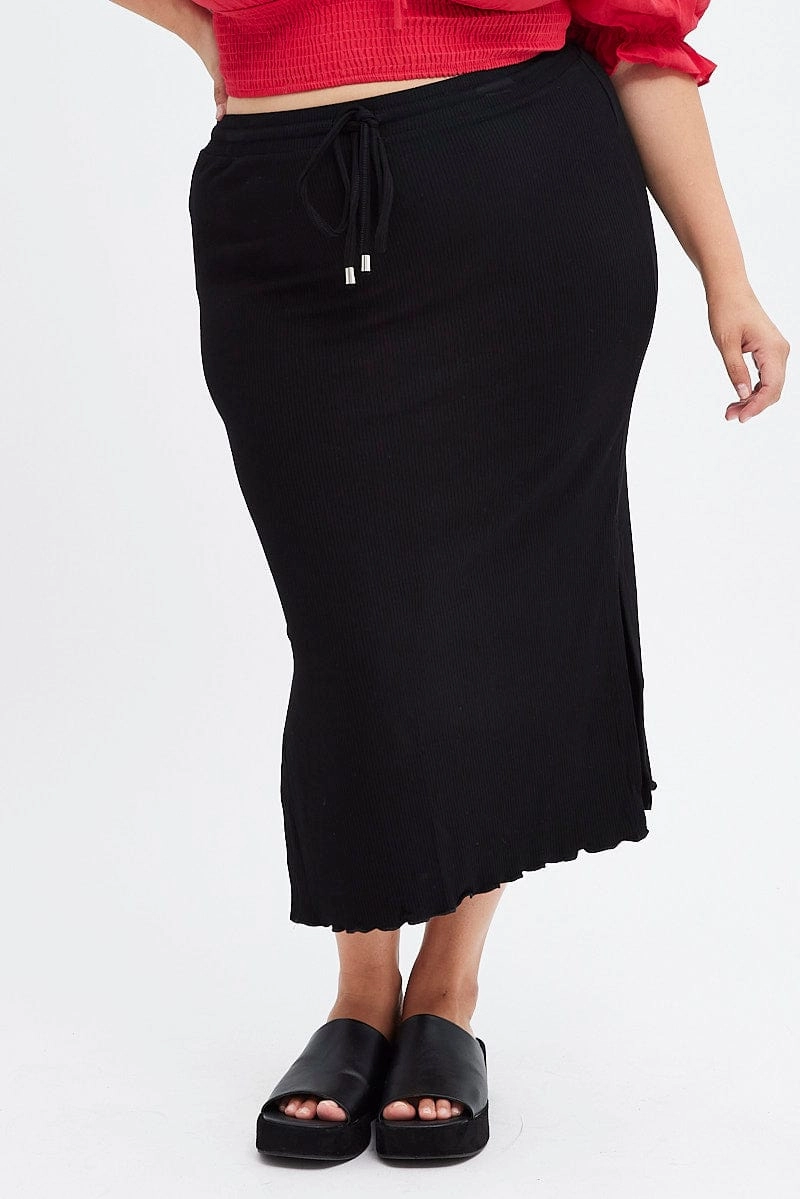 Black High Waist Side Slit Midi Jersey Skirt High Elasticity Material Fresh Energy