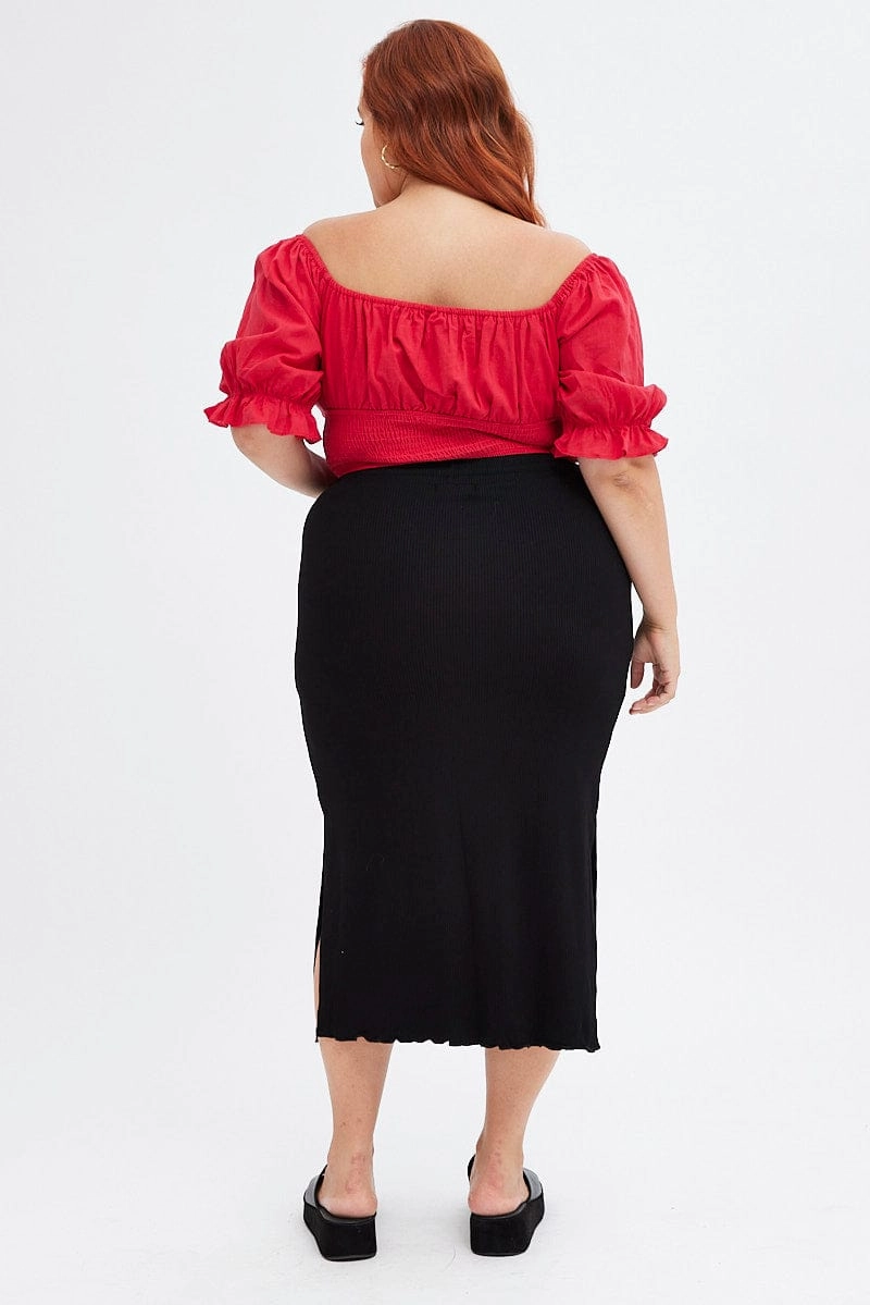 Black High Waist Side Slit Midi Jersey Skirt Smart Texture