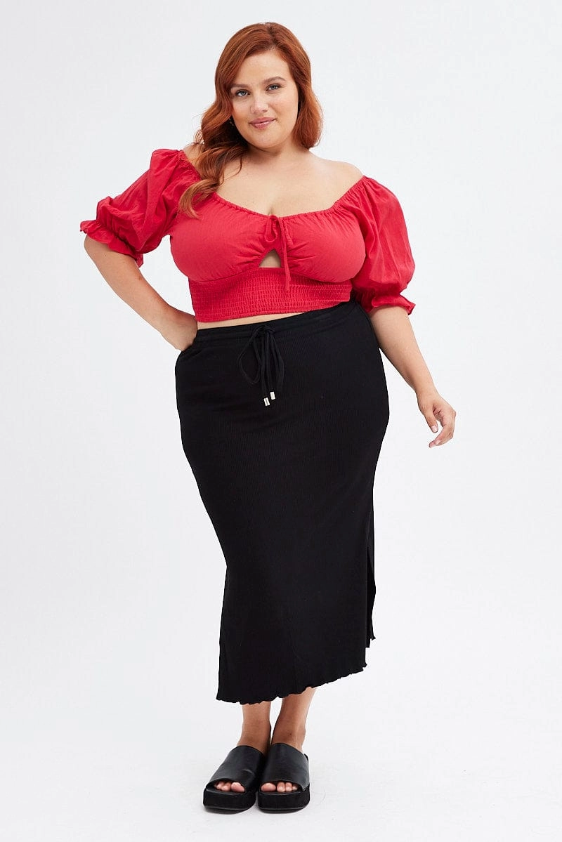 Black High Waist Side Slit Midi Jersey Skirt Travel Ease Laidback Feel