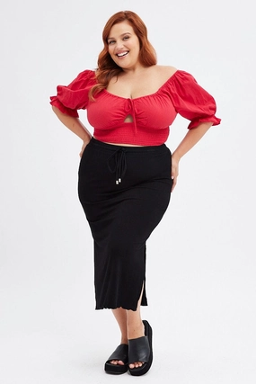 Black High Waist Side Slit Midi Jersey Skirt Young adult