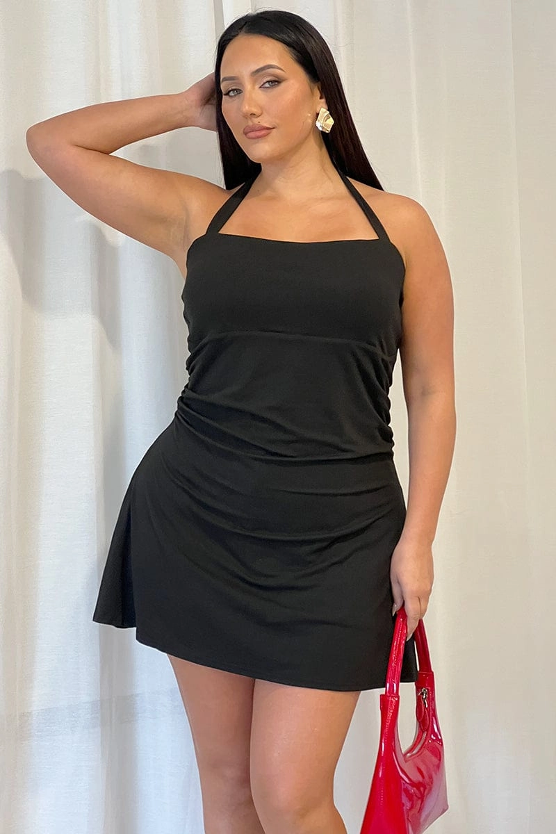 Subtle Flex Black Jersey Halter Ruched Minidress