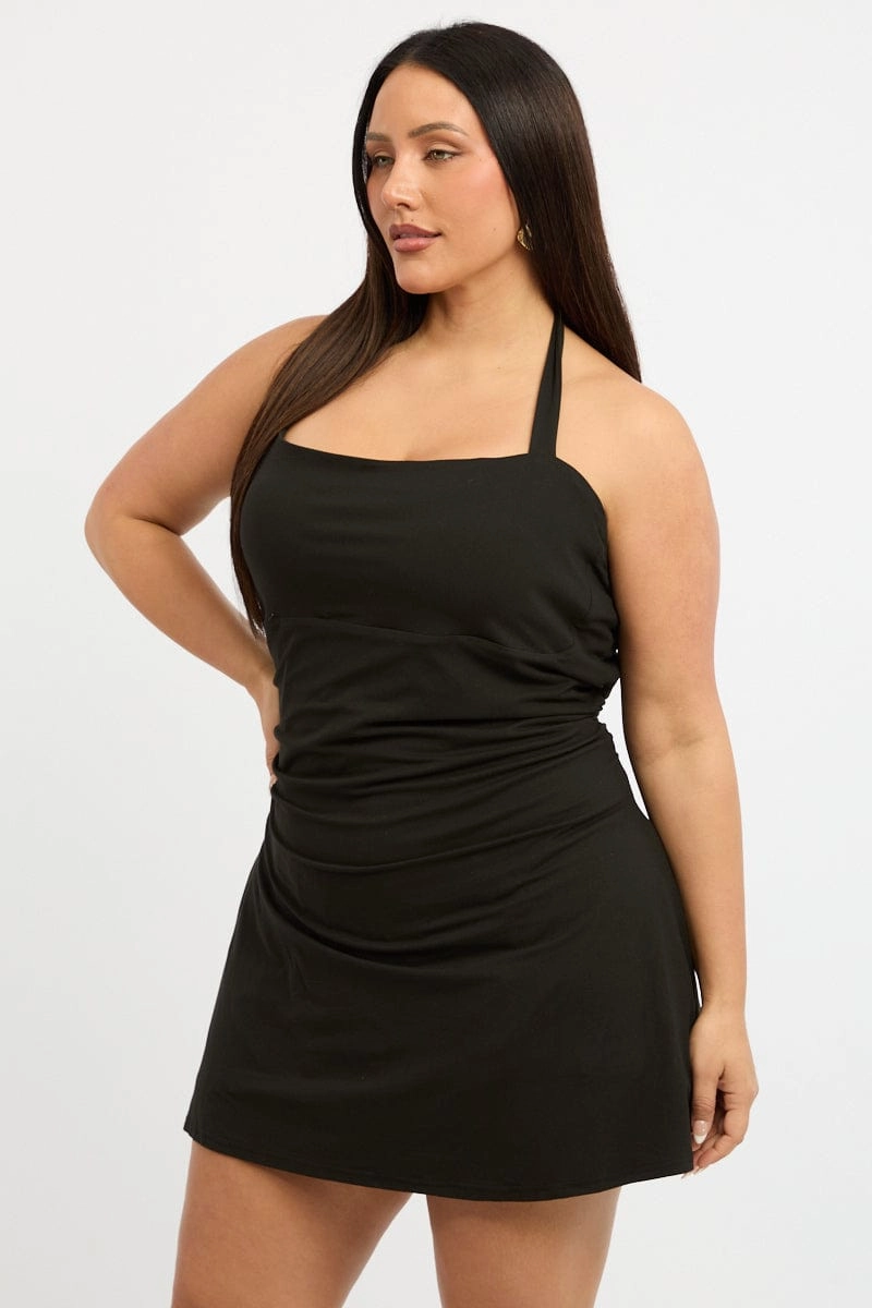 Black Jersey Halter Ruched Minidress Low Key monochrome