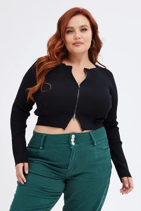 FullLengthZip Black Knit Cardigan Zip Up Ribbed