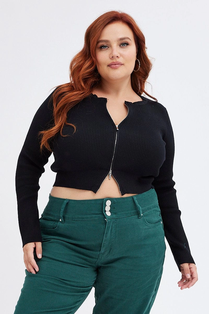 FullLengthZip Black Knit Cardigan Zip Up Ribbed