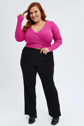Black Knit Pants Rib Wide Leg Elastic Waist Full Length Durable Utility
