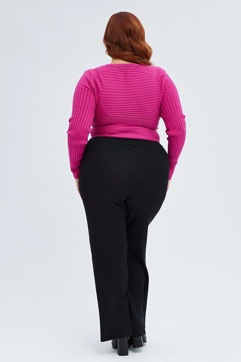Black Knit Pants Rib Wide Leg Elastic Waist Full Length Lightweight Fit Basic Look