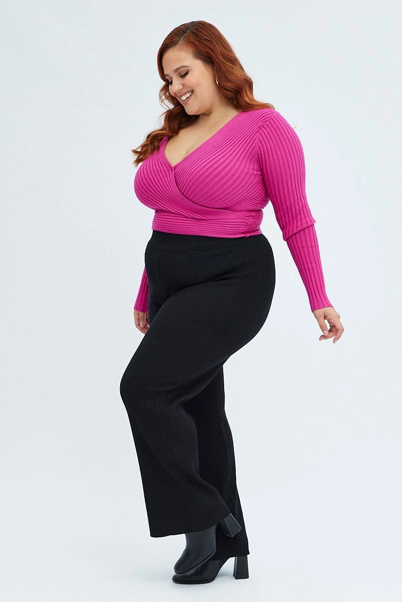 Black Knit Pants Rib Wide Leg Elastic Waist Full Length Compact Storage tailored look